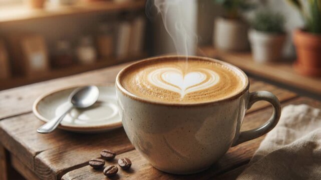 Steaming Hot Latte Coffee Art Heart Shape in Beige Ceramic Mug on Rustic Wooden Table with Coffee Beans and Napkin Morning Warm Sunlight