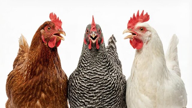 Three Diverse Chickens A Brown Barred Plymouth Rock And A White Leghorn Stand Together Against A Clean White Studio Background