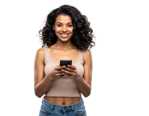 Young woman using smartphone isolated on transparent background isolated on transparent background