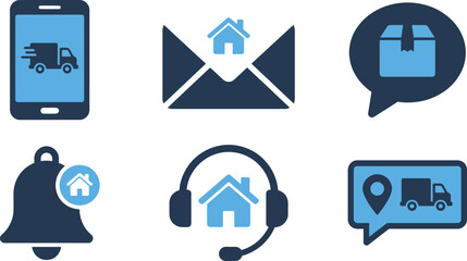 Communication and notification icons set in blue for mobile messaging alerts 
customer support home contact interaction digital branding design