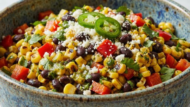Vibrant Black Bean Corn Salad With Queso Fresco and Jalapenos in a Rustic Blue Bowl With Green Dressing and Cilantro Sprinkled On Top