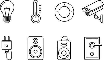 Set of eight smart home technology vector line icons illustration featuring various devices isolated on white background