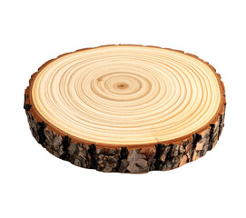 A wooden log slice, tree stump with rings and bark for product display Isolated on transparent or white, Cut out
