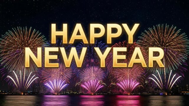 Happy New Year Text Overlay Golden Letters Over Colorful Fireworks Display Over Calm Water Reflecting Lights Dark Night Sky Stars