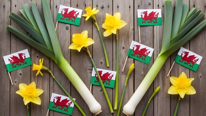 St david's day celebration with daffodils and leeks welsh flags