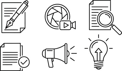 Set of six content creation media marketing and idea business process vector line icons illustration isolated on white background
