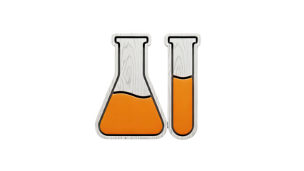 Two lab flasks with orange liquid and wood texture