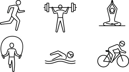 Six fitness sport outline vector icons illustration for healthy lifestyle isolated on white background