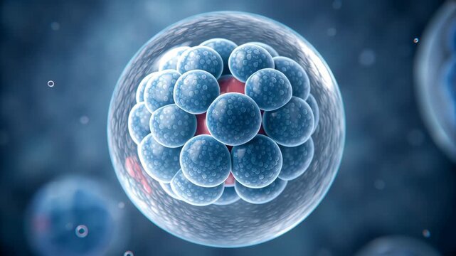 IVF Embryo Concept ,Cell biology science microscopic structure blue medical research organism closeup detailed healthy round nucleus genetic