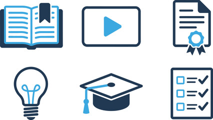 Education learning and academic achievement icons featuring books graduation cap certificates 
checklist lightbulb in blue tones for online courses knowledge platforms and educational 
technology 