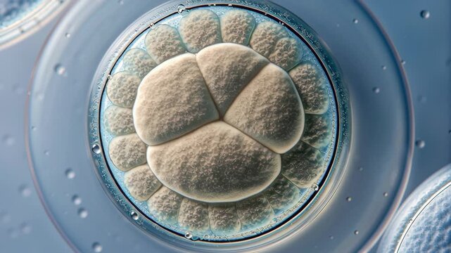 IVF Embryo Concept ,Early stage embryo cell division blastocyst microscopic biology science medical research round shape blue background detailed