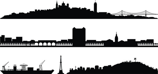 Fototapeta premium Diverse city skyline silhouettes set including San Francisco and iconic world landmarks