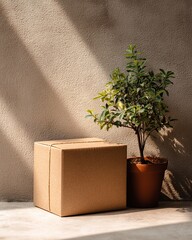 A potted plant sits next to a cardboard box on a concrete windowsill, bathed in warm sunlight and shadow.
