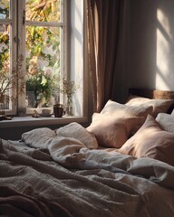 A cozy bedroom scene features a large window with a view of autumn foliage, a comfortable bed with layered linens, and soft lighting creating a serene atmosphere.