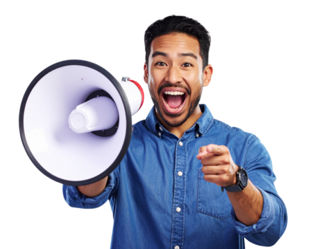 Excited man with megaphone isolated on transparent background isolated on transparent background - Powered by Adobe