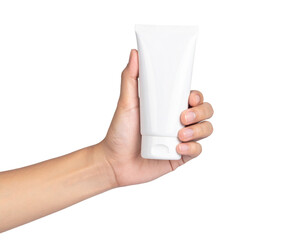 Hand holding a blank white cosmetic cream tube mockup for product branding Isolated on transparent or white, Cut out