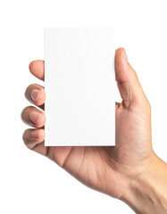 Hand holding a blank vertical white business card, ticket, or flyer mockup. Isolated on transparent or white, Cut out