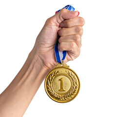 Hand holding a first place gold medal with a tricolor ribbon. Isolated on transparent or white, Cut out