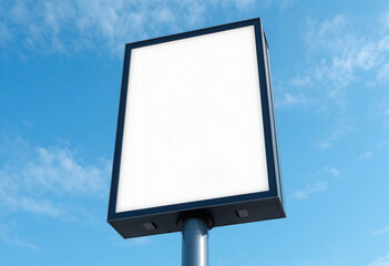 Outdoor pole vertical light box billboard on blue sky background with mock up white screen. Clipping path for mockup. 3d rendering.
