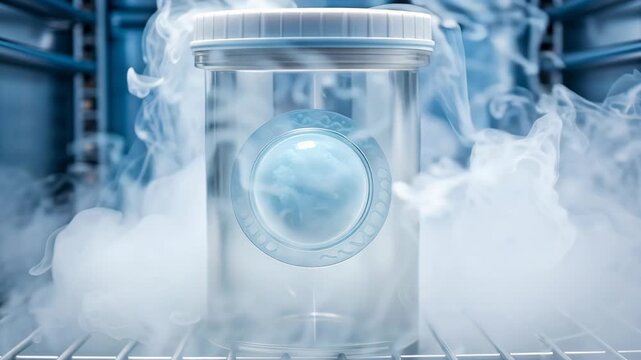 IVF Embryo Concept ,Cryogenic storage container laboratory science cold frozen preservation with cryopreserved egg and embryo, cold vapor
