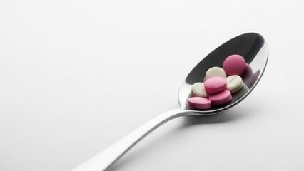 Close-up of Pink and White Medical Tablets on a Silver Spoon