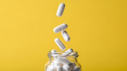 White Medical Tablets Falling Into a Clear Glass Bottle on Bright Yellow Background