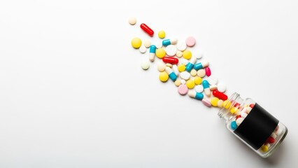 Overhead View of Various Multicolored Medical Pills and Capsules Spilling Out of a Glass Bottle