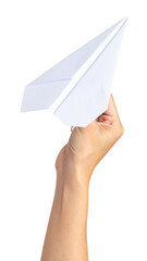 Hand holding a white paper airplane, a concept of travel, freedom and business Isolated on transparent or white, Cut out