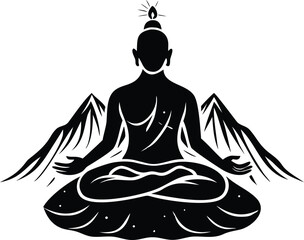 Silhouette Of A Person Meditating On A Snowy Mountain Top For New Year Peace