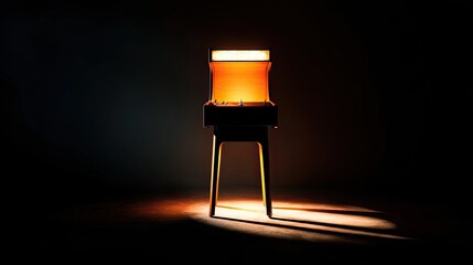 Retro arcade machine illuminated in dark space creating dramatic light and shadow contrasts with a vintage aesthetic appeal