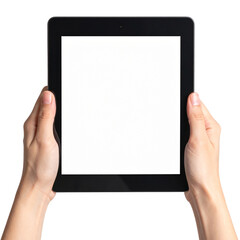 Hands holding a horizontal tablet with a blank white screen mockup Isolated on transparent or white, Cut out