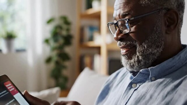 Close up of a distinguished senior african american man wearing glasses using a tablet computer with colorful applications displayed on screen indoors