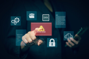 The concept of a cyber threat alert system, displaying warnings about system hacking by professional users, interacts with advanced AI technology to prevent cyber attacks