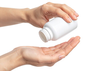 Hands pouring medicine from a blank white bottle into an open palm Isolated on transparent or white, Cut out