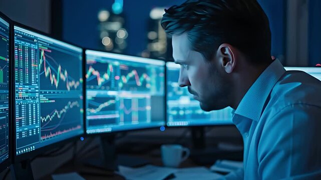Focused Japanese Trader Analyzing Financial Charts on Multiple Monitors
