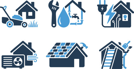 Home maintenance and utility services icons with repair tools wrench house solar panels energy  efficiency in blue and navy for residential property management renewable energy &  sustainable building © Sriyani
