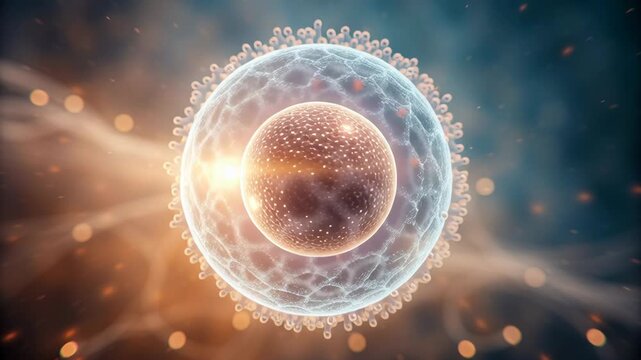 Cell Nucleus Membrane Biology Science Microscopic Glowing Round Structure with Transparent Membrane and Visible Nucleus, Medical Research Molecular
