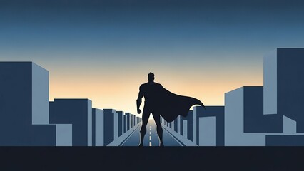 Silhouette of Superhero Standing on Rooftop at Sunset.