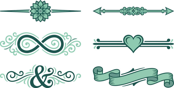 Decorative text dividers and ornamental design elements collection with vintage flourishes 
infinity symbols ampersand ribbon banners in teal and green for elegant typography wedding 
invitations 