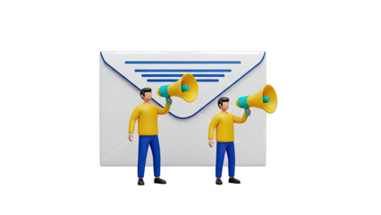 Two people with megaphones announcing near an envelope