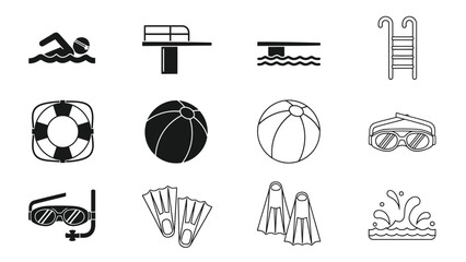 Black and white icons depicting various swimming pool and beach elements © Siam Studio