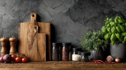 Rustic Kitchen Scene with Wooden Cutting Boards, Fresh Herbs, and Spices on Dark Stone Background