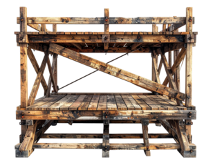 Rustic wooden scaffolding platform, Isolated on transparent or white, Cut out