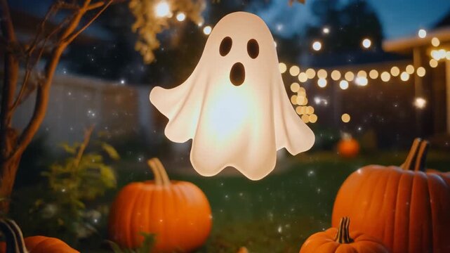 Happy Halloween illustration featuring a spooky jack o lantern pumpkin and ghost with a glowing candle design amidst orange autumn leaves for a festive fall holiday celebration vector