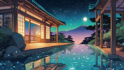 ゲーム背景　美しい満月と和風高級旅館の貸し切り離れ