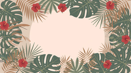 Tropical leaves and hibiscus flowers frame perfect for designs on transparent background