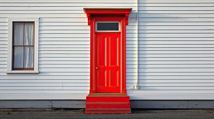Obraz premium Bright Red Door Against White Wooden Wall in Quaint Architecture Setting for Vibrant Home and Design Themes