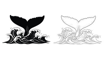 Two whale tails emerge from stylized waves contrasting dark and light designs © Siam Studio