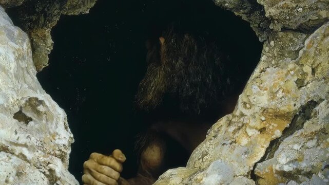 Prehistoric caveman peering out of rocky cave