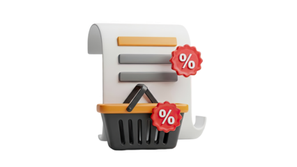 Shopping basket with discount tags and receipt